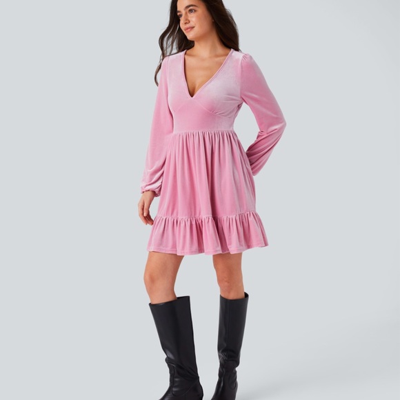 Halara Everyday Deep V Neck Ruffled Hem Velvet Mini Chill Dress size Medium - Picture 2 of 14